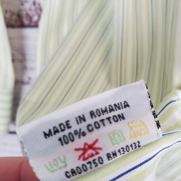 Hickey Freeman Green White Blue Striped Long Sleeve Shirt Button Down Size 17- L - Picture 5 of 9